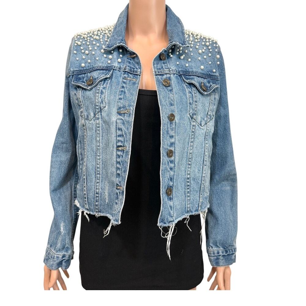 Sunset + Spring medium pearl embellished cropped denim jacket C2 3452